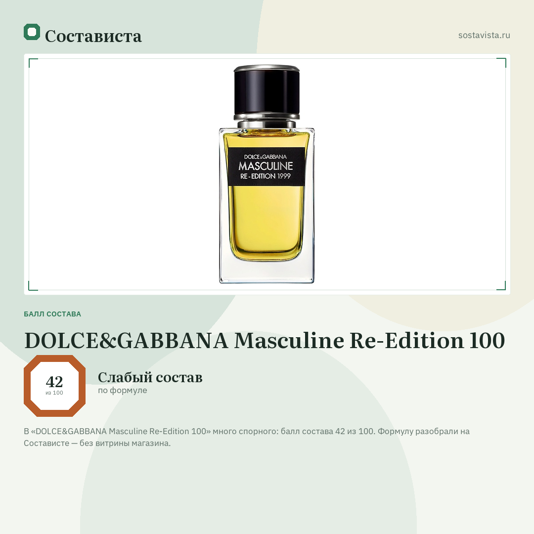 DOLCE&GABBANA Masculine Re-Edition 100: балл состава 42 из 100 — Состависта