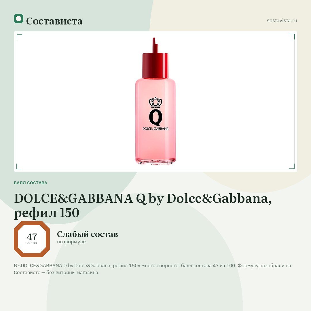 DOLCE&GABBANA Q by Dolce&Gabbana, рефил 150: балл состава 47 из 100 — Состависта
