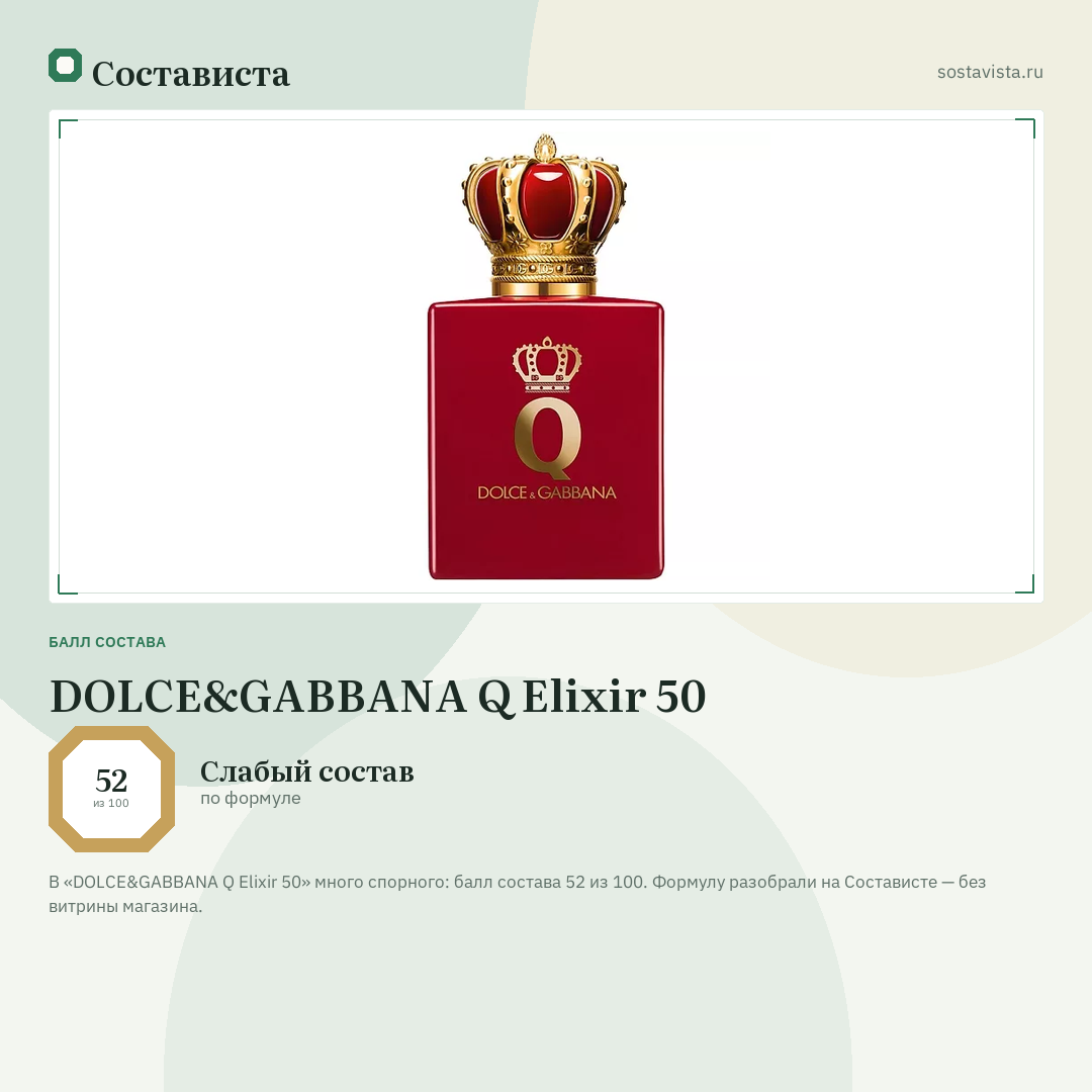 DOLCE&GABBANA Q Elixir 50: балл состава 52 из 100 — Состависта