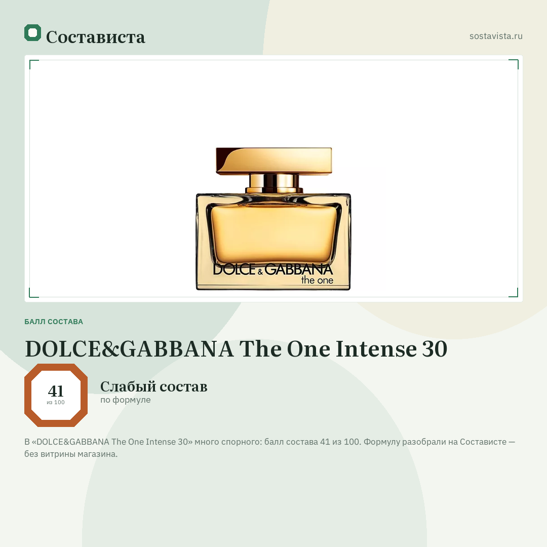 DOLCE&GABBANA The One Intense 30: балл состава 41 из 100 — Состависта