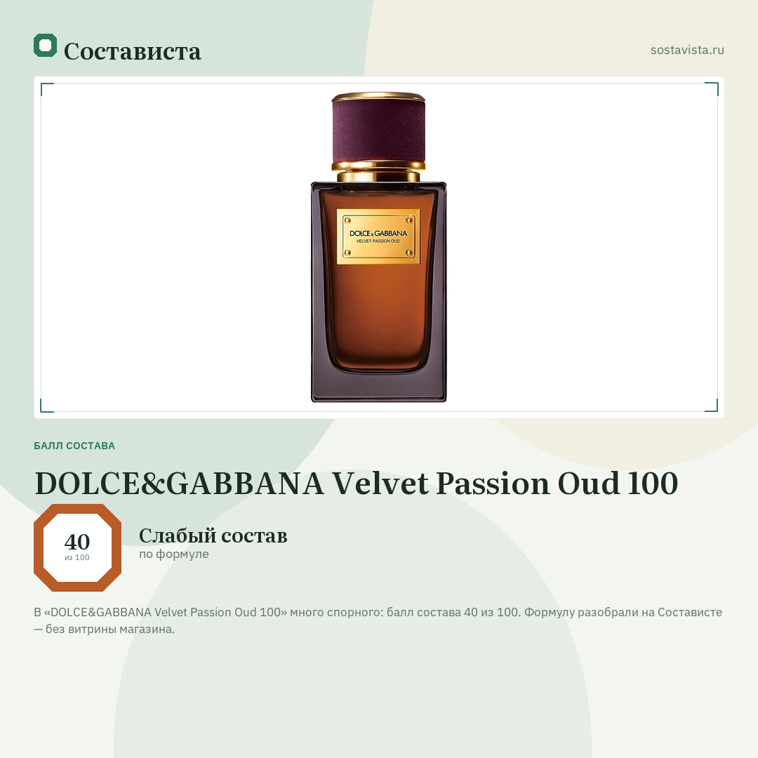 DOLCE&GABBANA Velvet Passion Oud 100: балл состава 40 из 100 — Состависта
