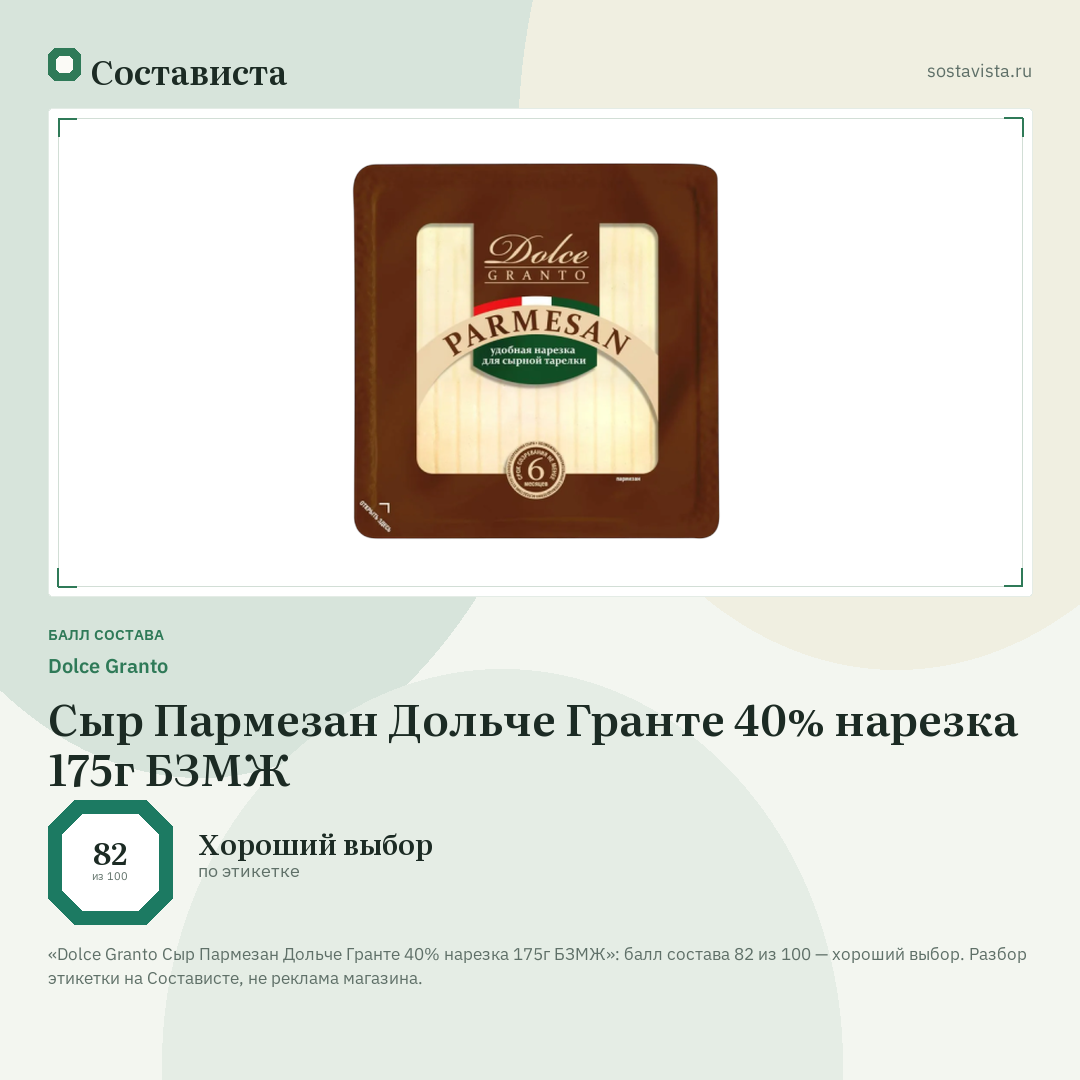 Dolce Granto Сыр Пармезан Дольче Гранте 40% нарезка 175г БЗМЖ: балл состава 82 из 100 — Состависта
