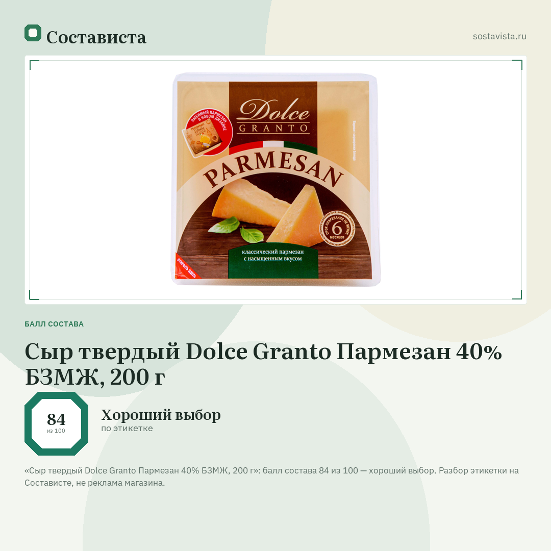 Сыр твердый Dolce Granto Пармезан 40% БЗМЖ, 200 г: балл состава 84 из 100 — Состависта