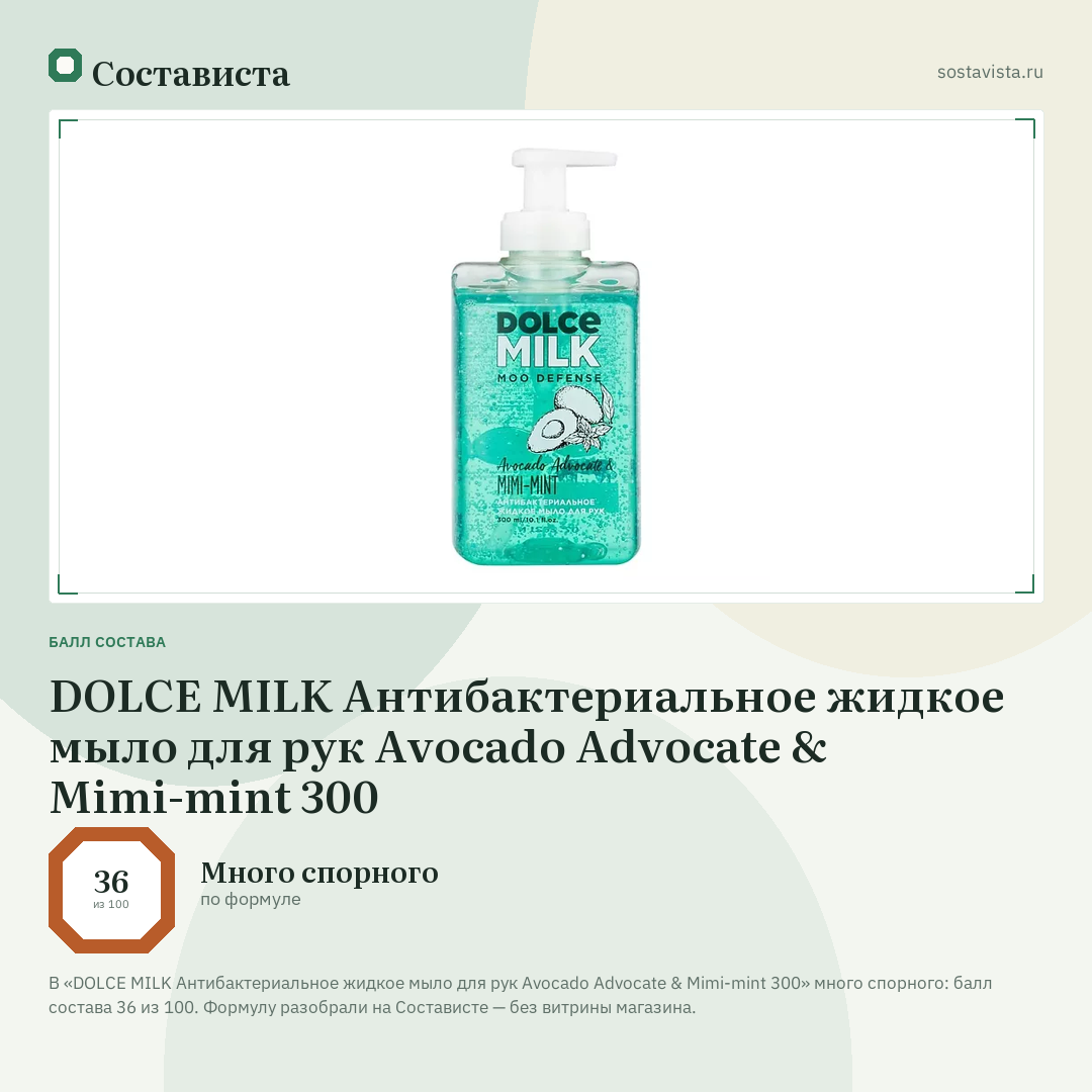 DOLCE MILK Антибактериальное жидкое мыло для рук Avocado Advocate & Mimi-mint 300: балл состава 36 из 100 — Состависта