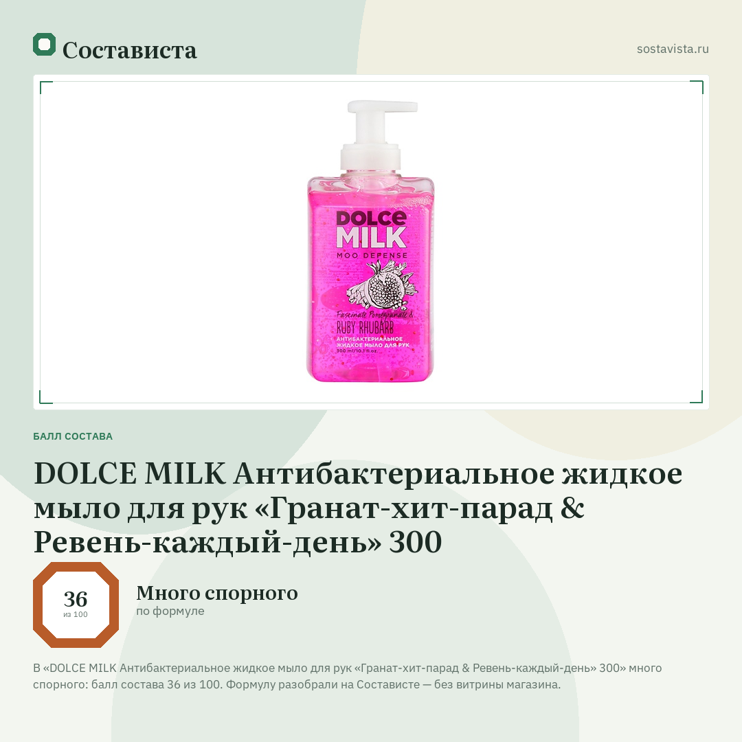 DOLCE MILK Антибактериальное жидкое мыло для рук «Гранат-хит-парад & Ревень-каждый-день» 300: балл состава 36 из 100 — Состависта