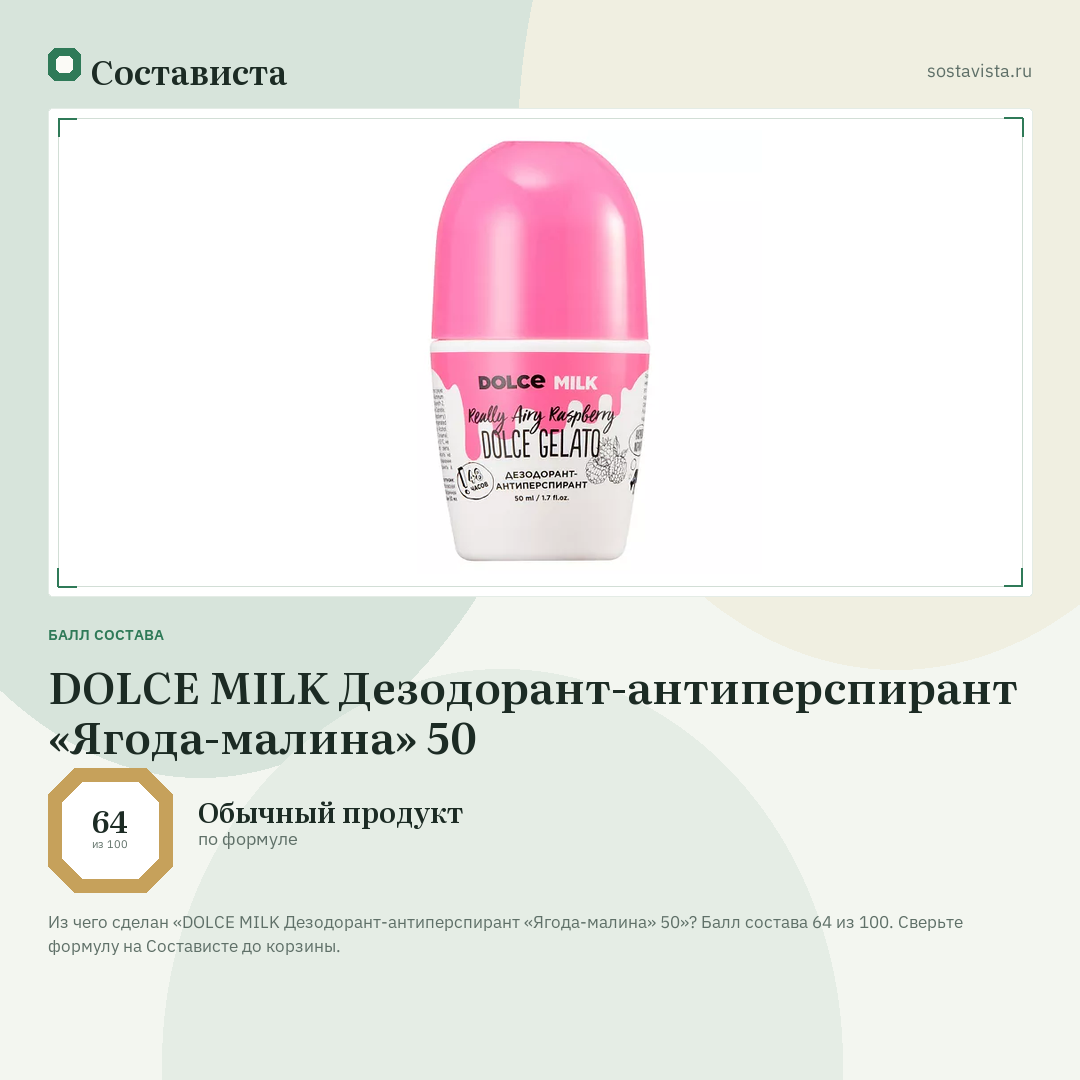 DOLCE MILK Дезодорант-антиперспирант «Ягода-малина» 50: балл состава 64 из 100 — Состависта