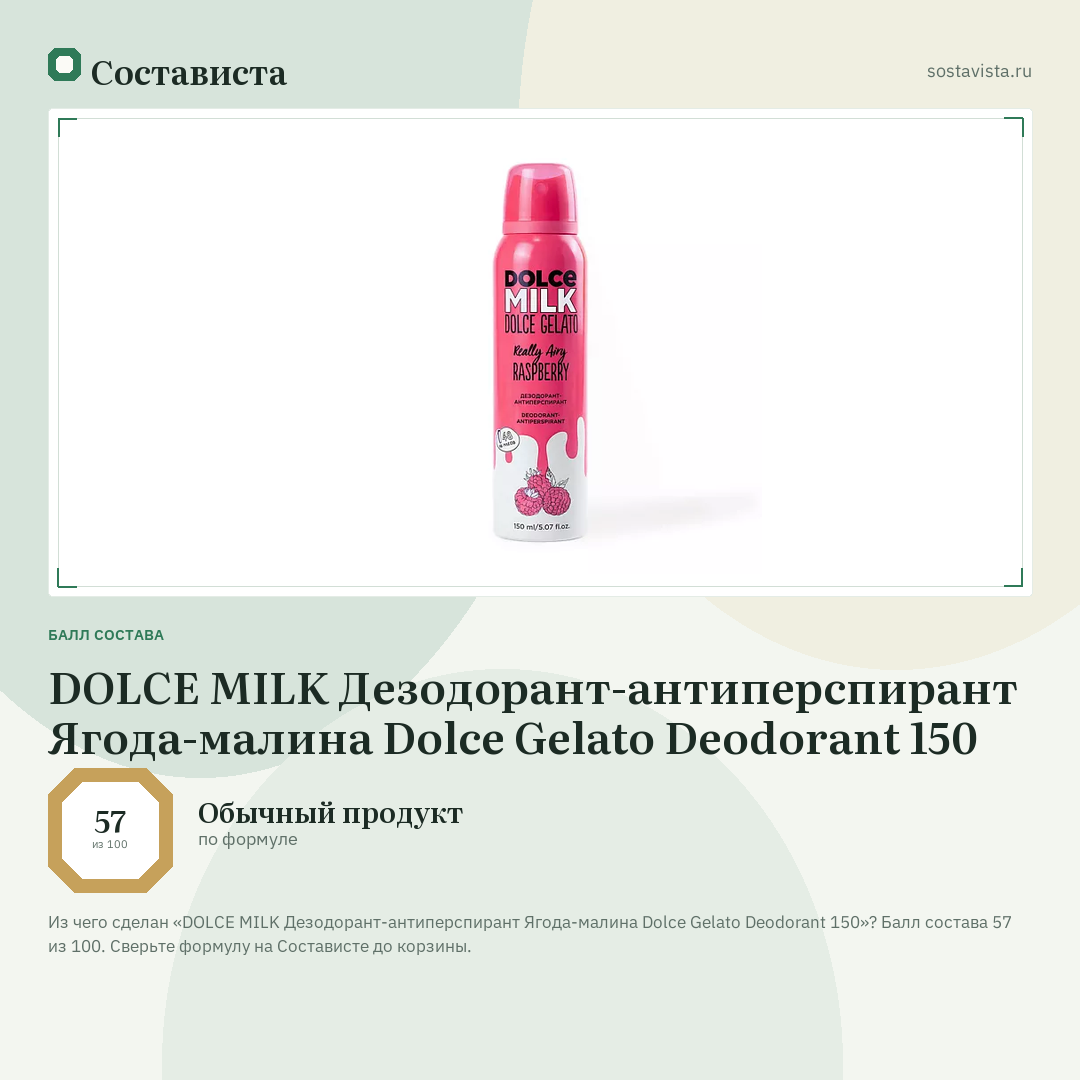 DOLCE MILK Дезодорант-антиперспирант Ягода-малина Dolce Gelato Deodorant 150: балл состава 57 из 100 — Состависта