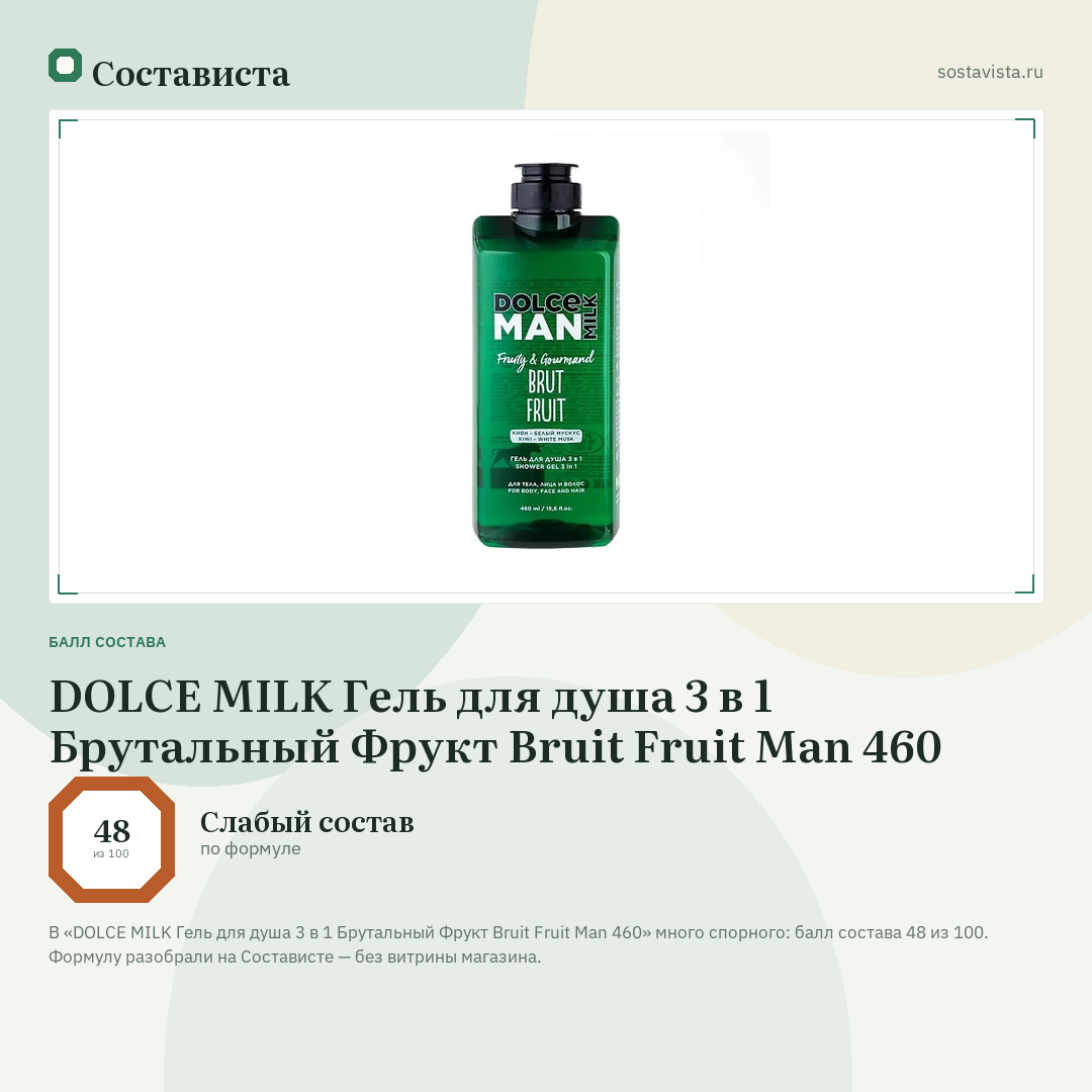 DOLCE MILK Гель для душа 3 в 1 Брутальный Фрукт Bruit Fruit Man 460: балл состава 48 из 100 — Состависта