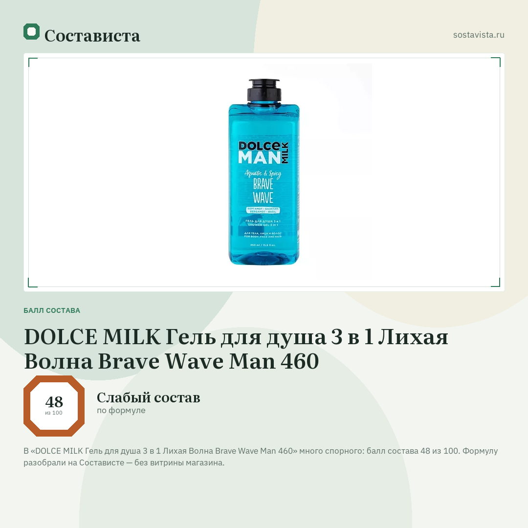 DOLCE MILK Гель для душа 3 в 1 Лихая Волна Brave Wave Man 460: балл состава 48 из 100 — Состависта