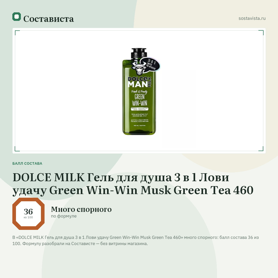 DOLCE MILK Гель для душа 3 в 1 Лови удачу Green Win-Win Musk Green Tea 460: балл состава 36 из 100 — Состависта
