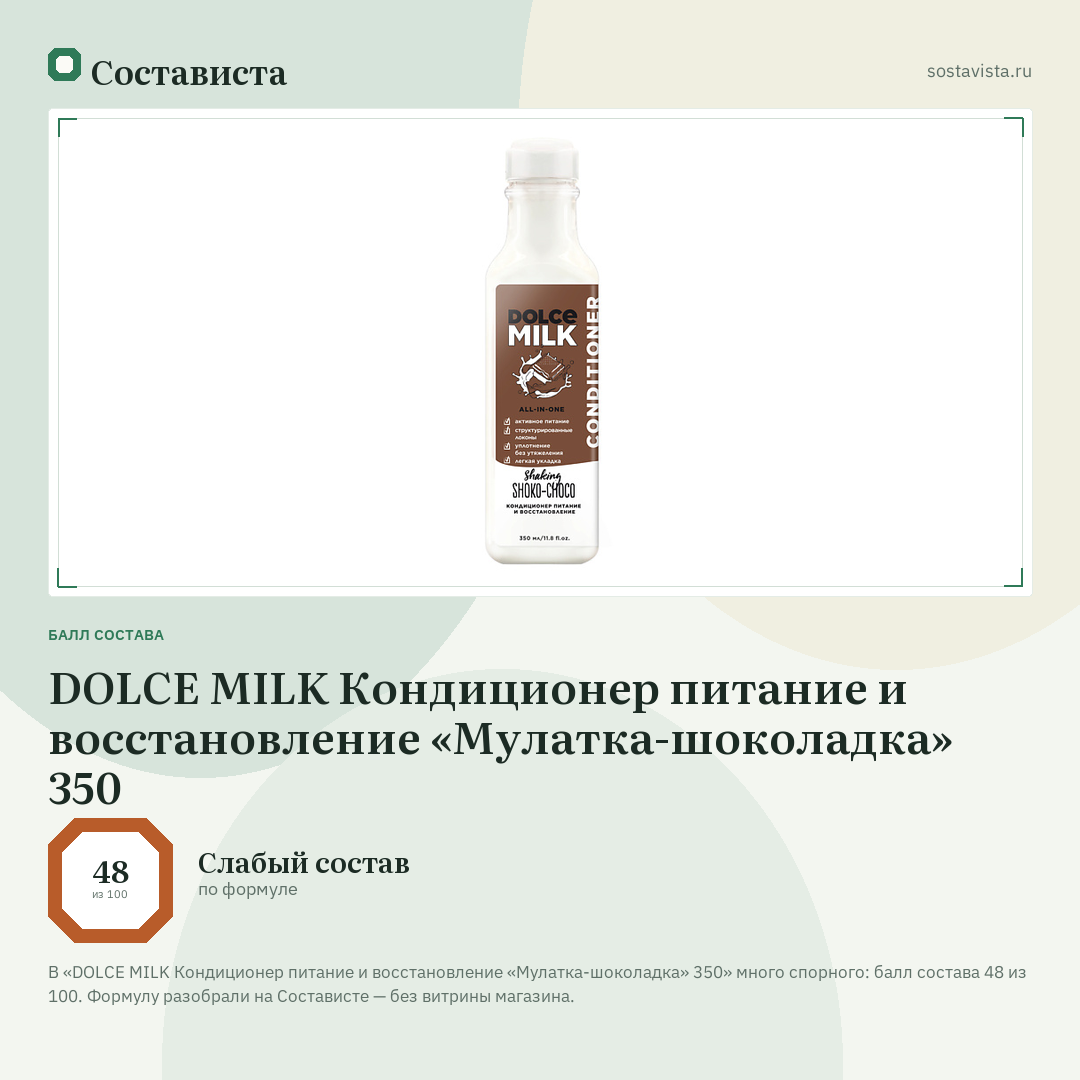DOLCE MILK Кондиционер питание и восстановление «Мулатка-шоколадка» 350: балл состава 48 из 100 — Состависта