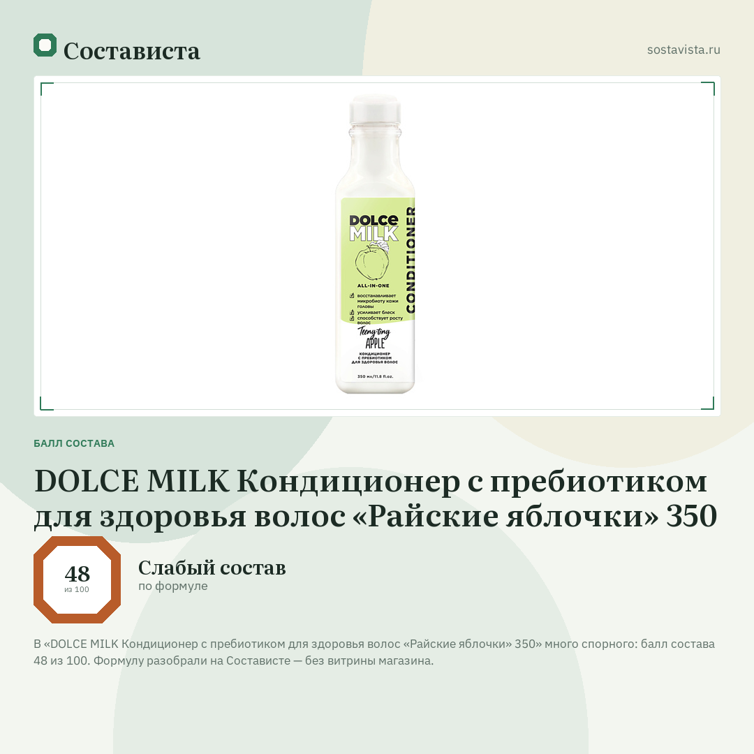 DOLCE MILK Кондиционер с пребиотиком для здоровья волос «Райские яблочки» 350: балл состава 48 из 100 — Состависта
