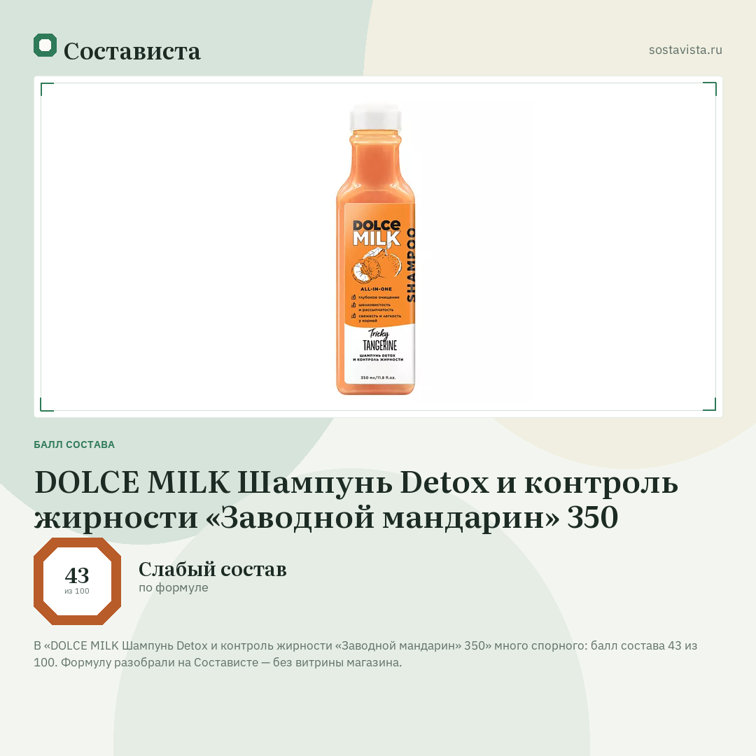 DOLCE MILK Шампунь Detox и контроль жирности «Заводной мандарин» 350: балл состава 43 из 100 — Состависта