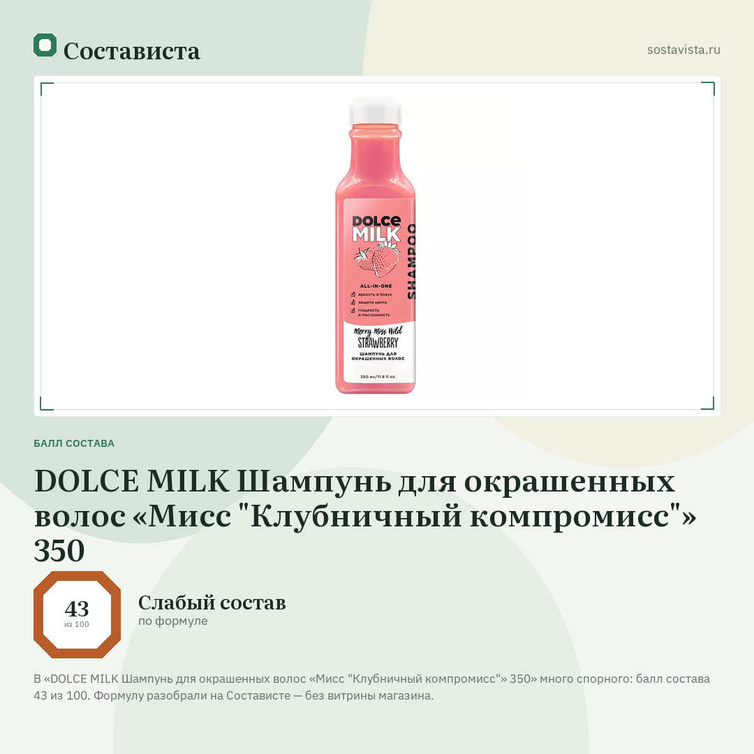 DOLCE MILK Шампунь для окрашенных волос «Мисс "Клубничный компромисс"» 350: балл состава 43 из 100 — Состависта