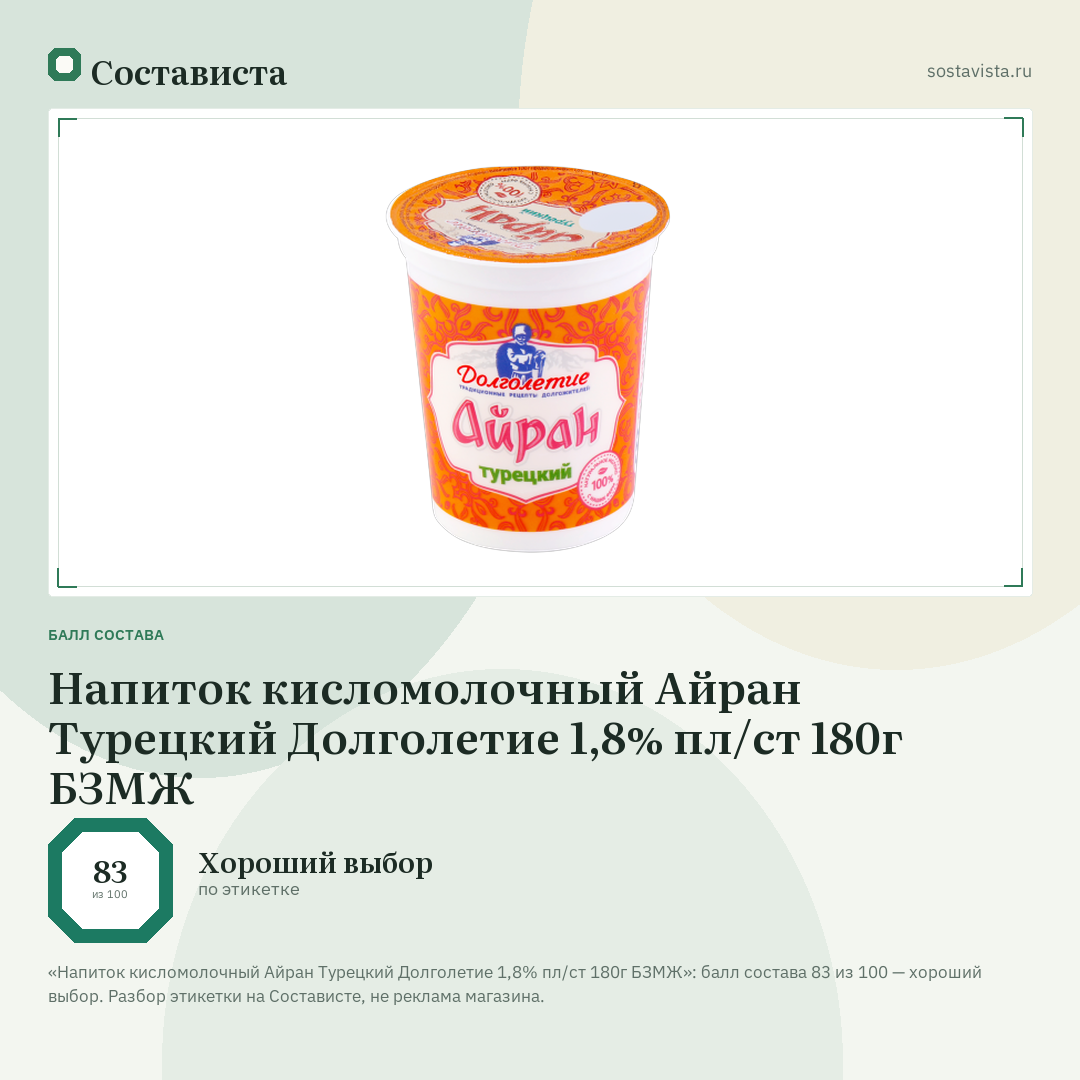 Напиток кисломолочный Айран Турецкий Долголетие 1,8% пл/ст 180г БЗМЖ: балл состава 83 из 100 — Состависта