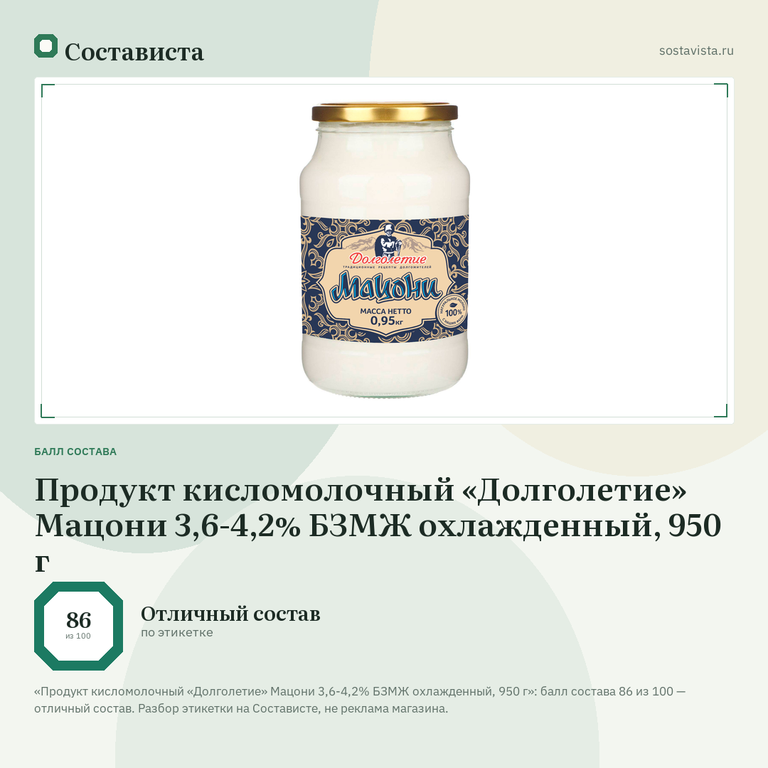 Продукт кисломолочный «Долголетие» Мацони 3,6-4,2% БЗМЖ охлажденный, 950 г: балл состава 86 из 100 — Состависта