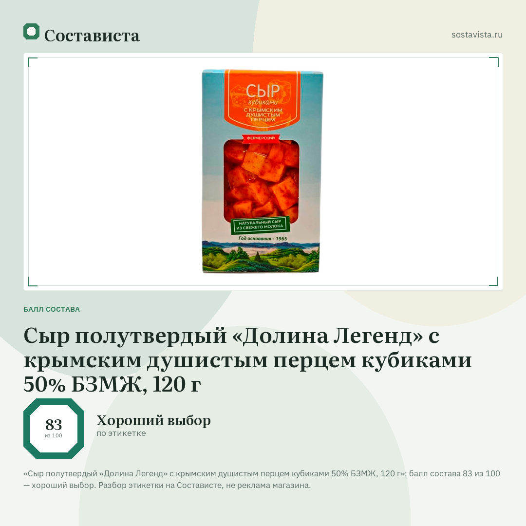 Сыр полутвердый «Долина Легенд» с крымским душистым перцем кубиками 50% БЗМЖ, 120 г: балл состава 83 из 100 — Состависта
