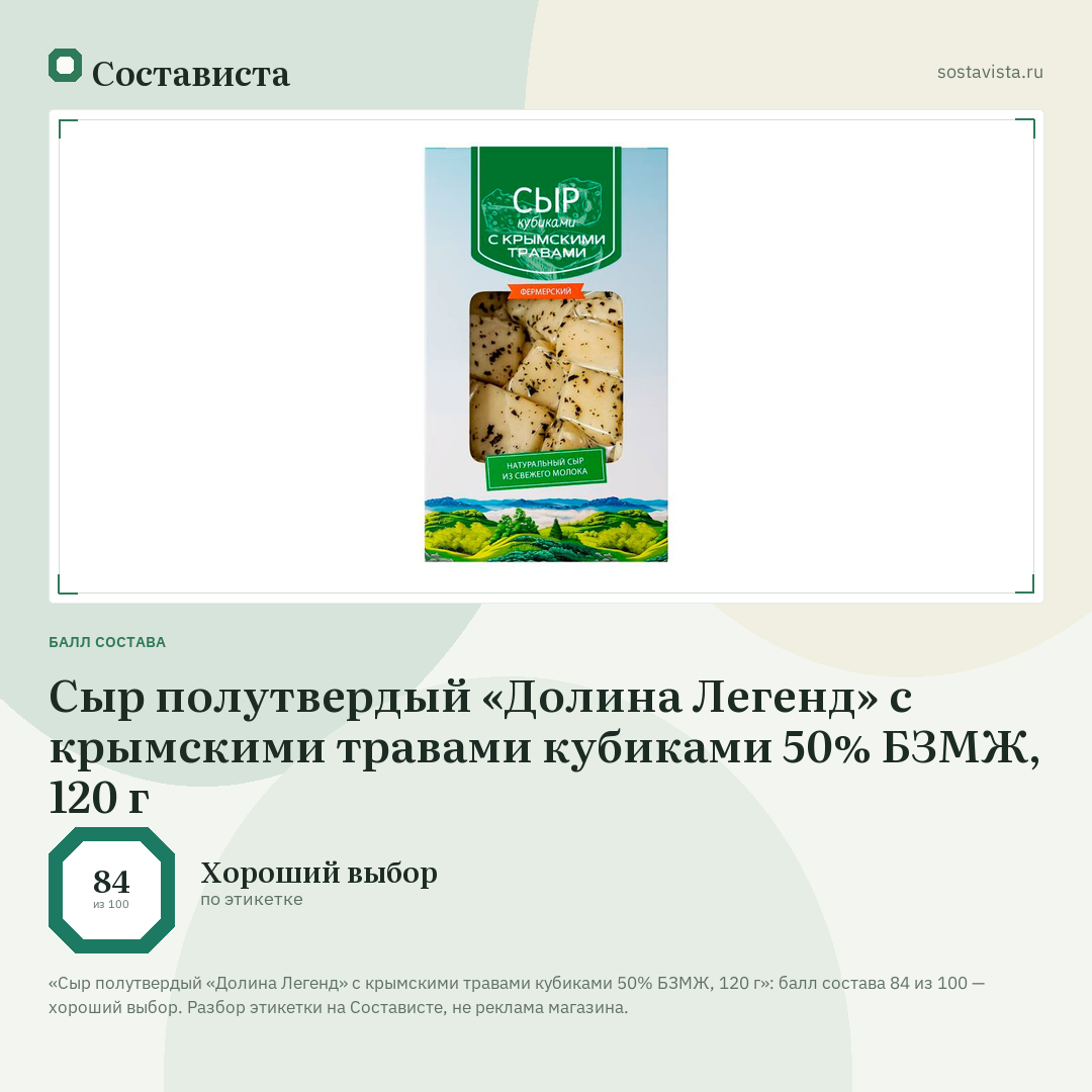 Сыр полутвердый «Долина Легенд» с крымскими травами кубиками 50% БЗМЖ, 120 г: балл состава 84 из 100 — Состависта