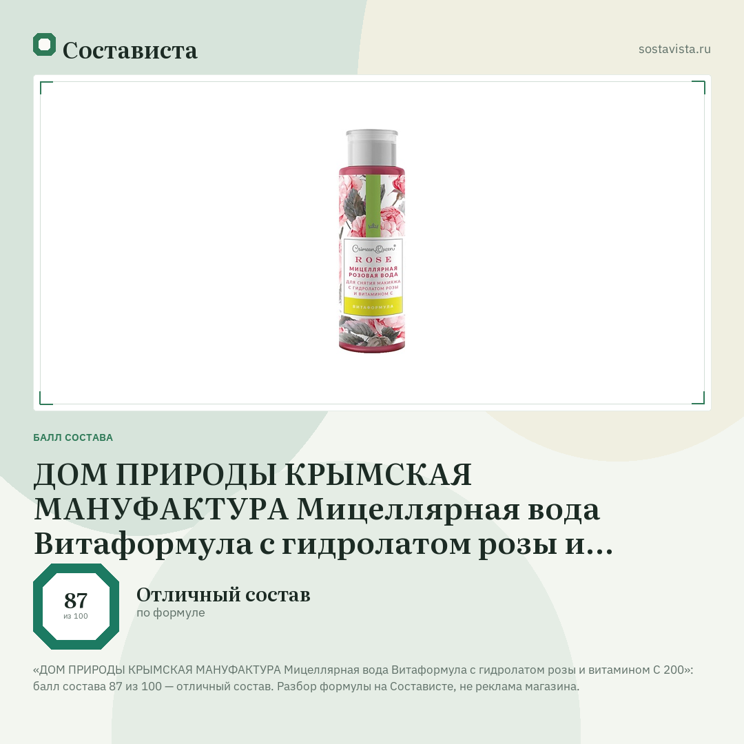 ДОМ ПРИРОДЫ КРЫМСКАЯ МАНУФАКТУРА Мицеллярная вода Витаформула с гидролатом розы и витамином С 200: балл состава 87 из 100 — Состависта