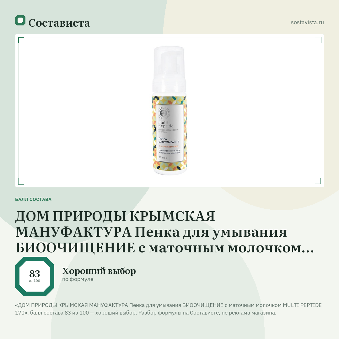 ДОМ ПРИРОДЫ КРЫМСКАЯ МАНУФАКТУРА Пенка для умывания БИООЧИЩЕНИЕ с маточным молочком MULTI PEPTIDE 170: балл состава 83 из 100 — Состависта