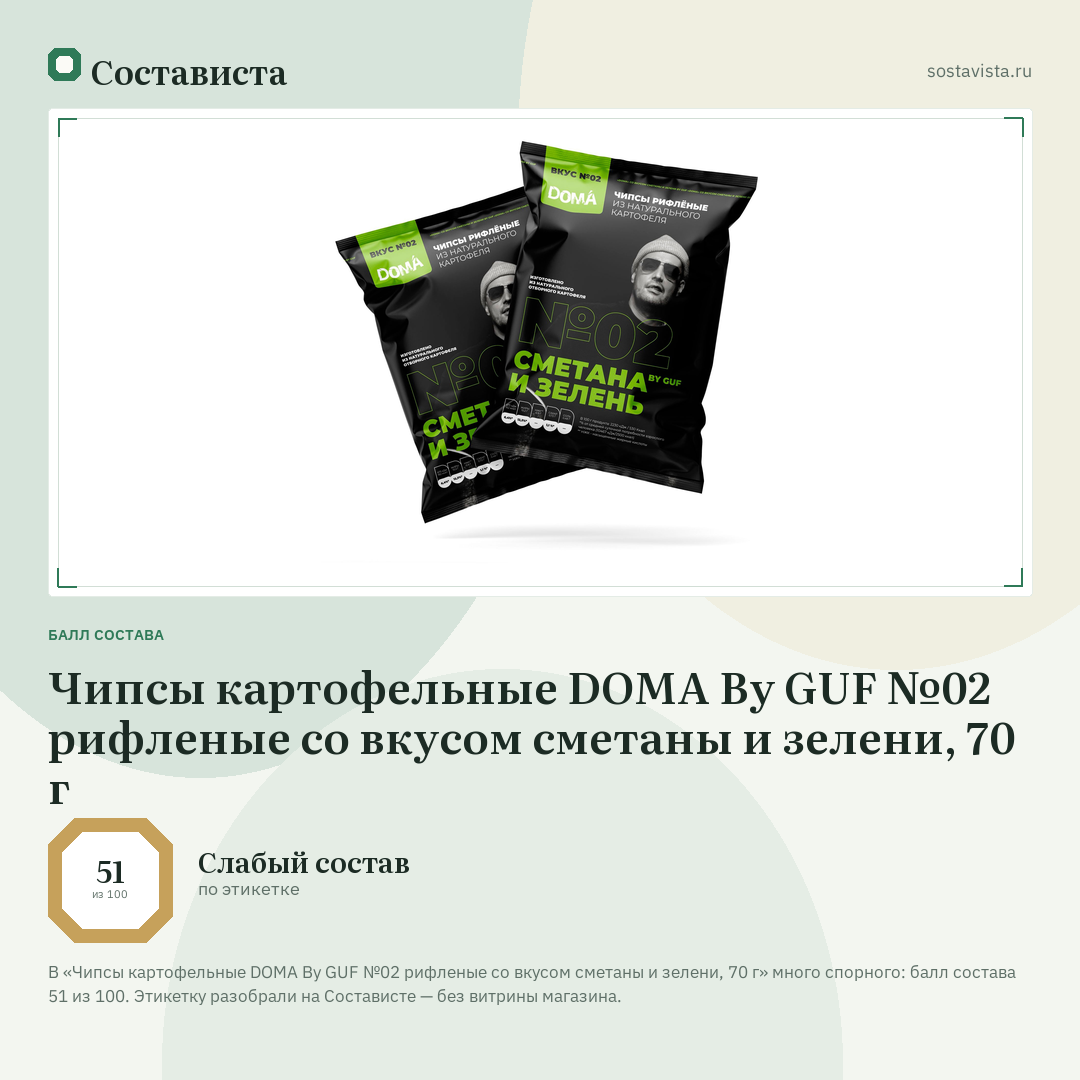 Чипсы картофельные DOMA By GUF №02 рифленые со вкусом сметаны и зелени, 70 г: балл состава 51 из 100 — Состависта