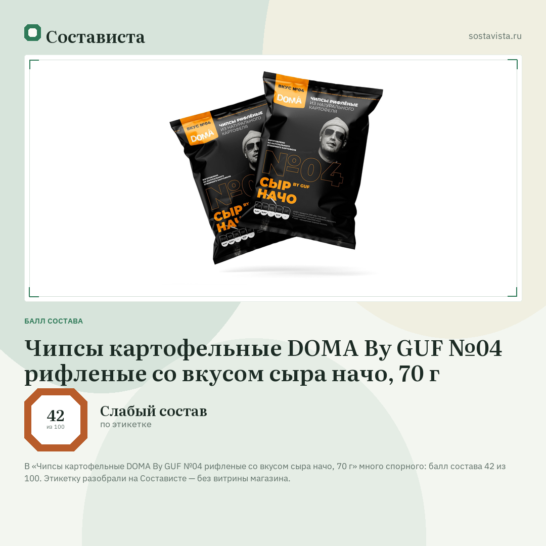 Чипсы картофельные DOMA By GUF №04 рифленые со вкусом сыра начо, 70 г: балл состава 42 из 100 — Состависта