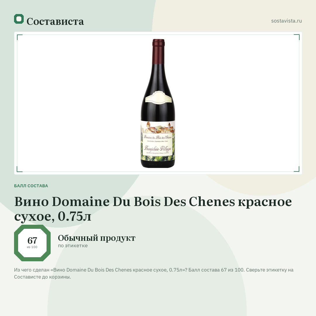 Вино Domaine Du Bois Des Chenes красное сухое, 0.75л: балл состава 67 из 100 — Состависта