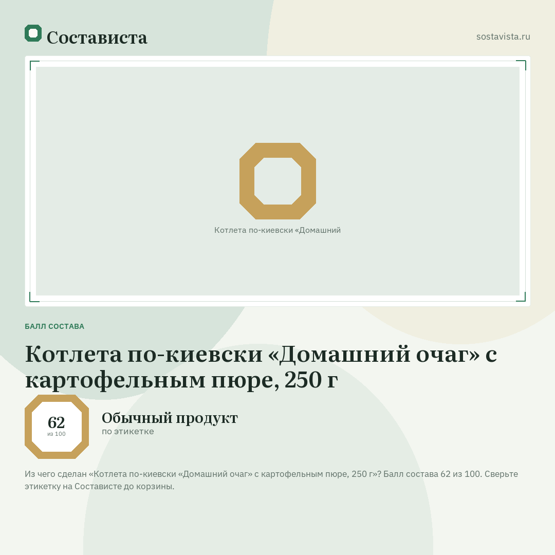 Котлета по-киевски «Домашний очаг» с картофельным пюре, 250 г: балл состава 62 из 100 — Состависта