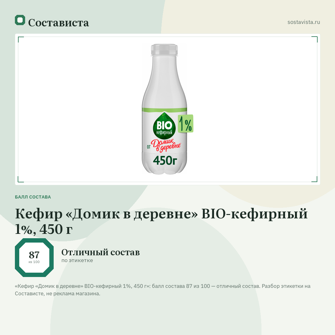 Кефир «Домик в деревне» BIO-кефирный 1%, 450 г: балл состава 87 из 100 — Состависта