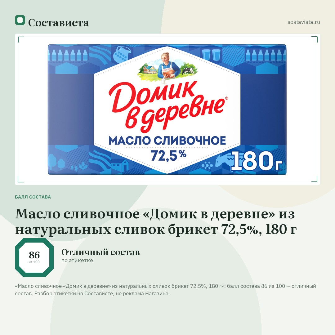 Масло сливочное «Домик в деревне» из натуральных сливок брикет 72,5%, 180 г: балл состава 86 из 100 — Состависта