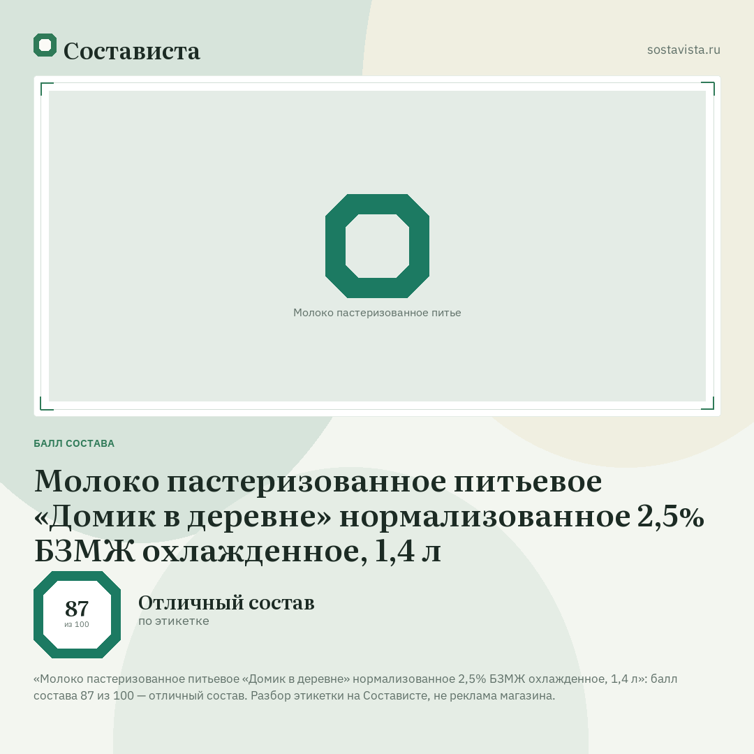 Молоко пастеризованное питьевое «Домик в деревне» нормализованное 2,5% БЗМЖ охлажденное, 1,4 л: балл состава 87 из 100 — Состависта
