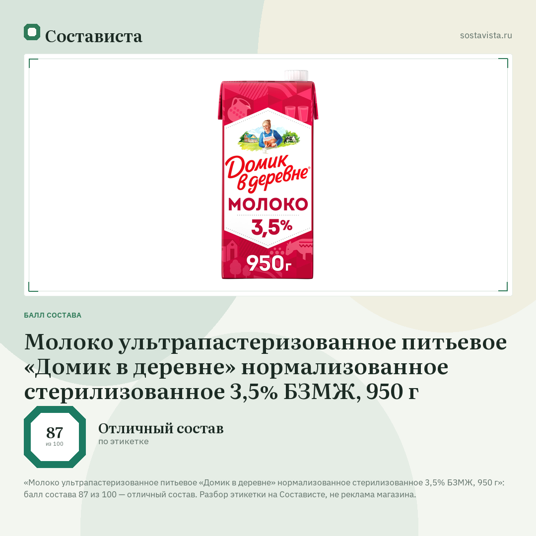 Молоко ультрапастеризованное питьевое «Домик в деревне» нормализованное стерилизованное 3,5% БЗМЖ, 950 г: балл состава 87 из 100 — Состависта