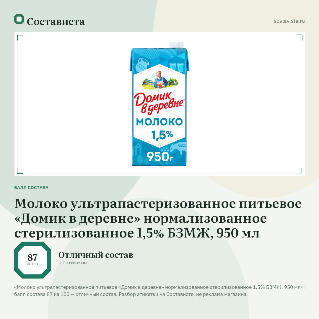 Молоко ультрапастеризованное питьевое «Домик в деревне» нормализованное стерилизованное 1,5% БЗМЖ, 950 мл: балл состава 87 из 100 — Состависта