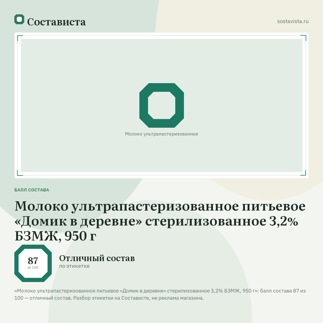 Молоко ультрапастеризованное питьевое «Домик в деревне» стерилизованное 3,2% БЗМЖ, 950 г: балл состава 87 из 100 — Состависта