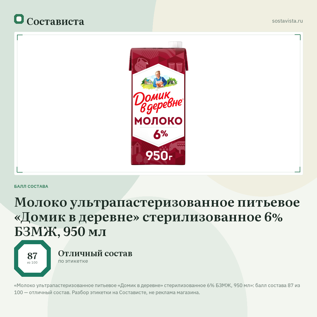 Молоко ультрапастеризованное питьевое «Домик в деревне» стерилизованное 6% БЗМЖ, 950 мл: балл состава 87 из 100 — Состависта