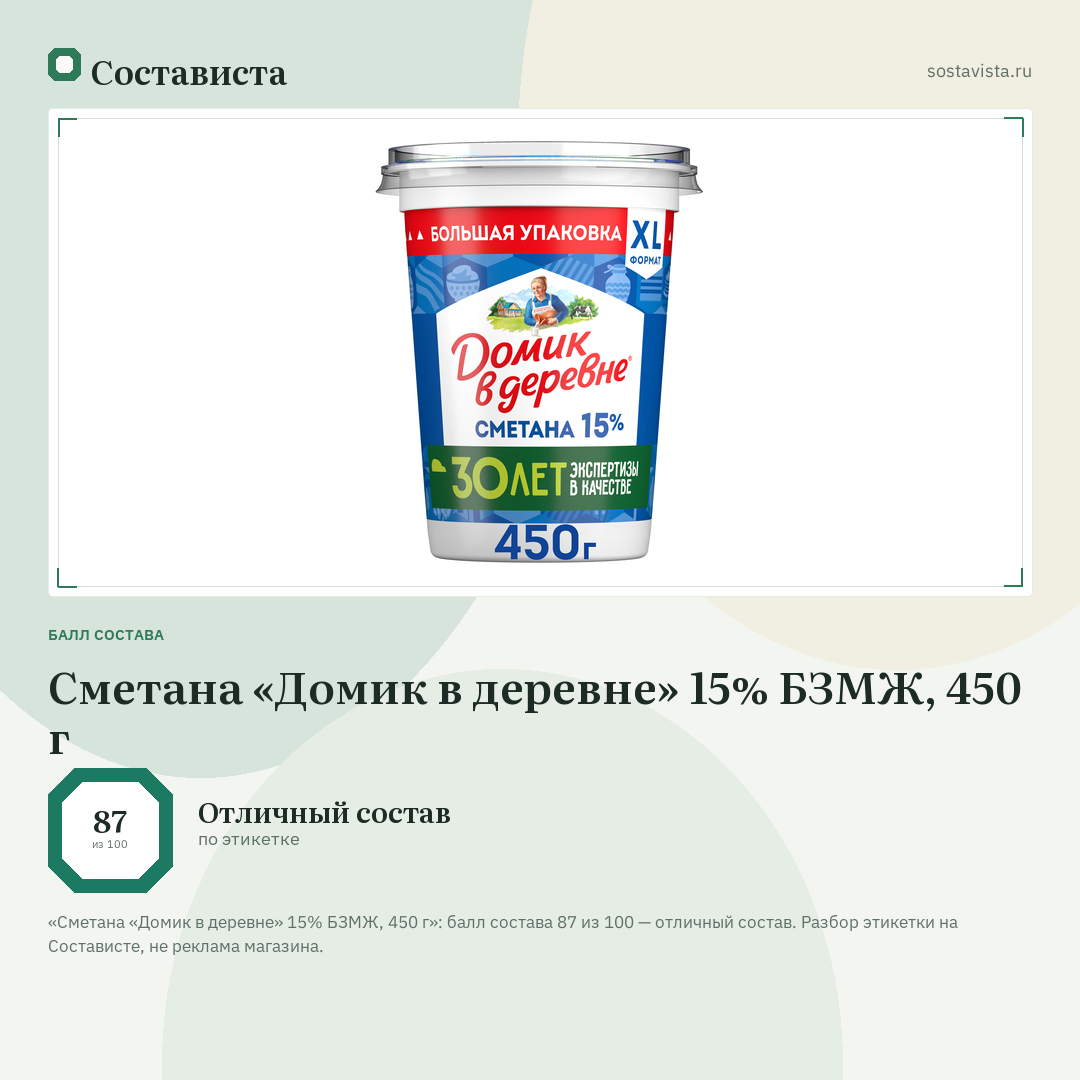Сметана «Домик в деревне» 15% БЗМЖ, 450 г: балл состава 87 из 100 — Состависта