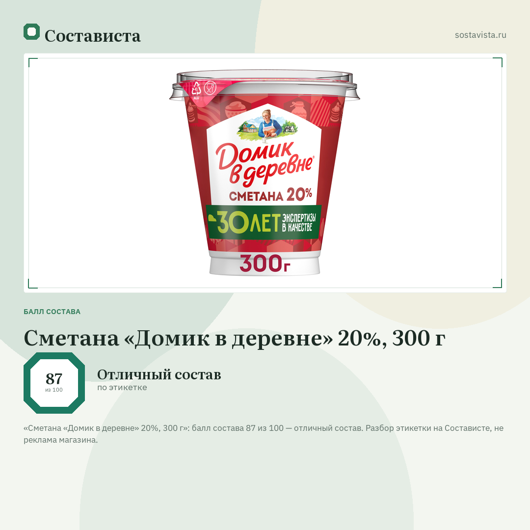 Сметана «Домик в деревне» 20%, 300 г: балл состава 87 из 100 — Состависта