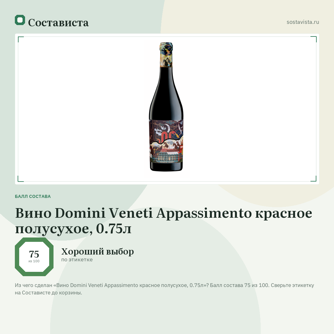Вино Domini Veneti Appassimento красное полусухое, 0.75л: балл состава 75 из 100 — Состависта