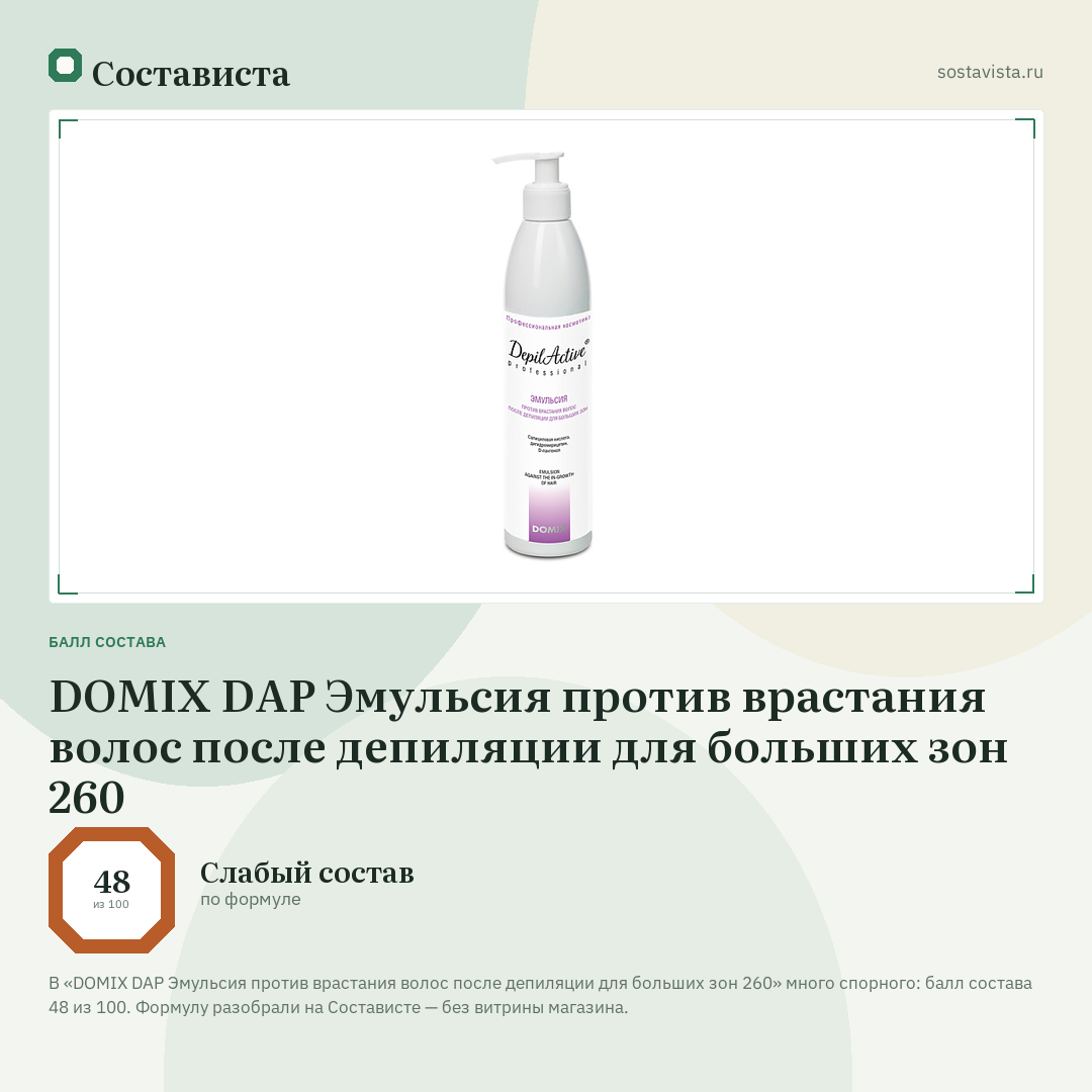 DOMIX DAP Эмульсия против врастания волос после депиляции для больших зон 260: балл состава 48 из 100 — Состависта