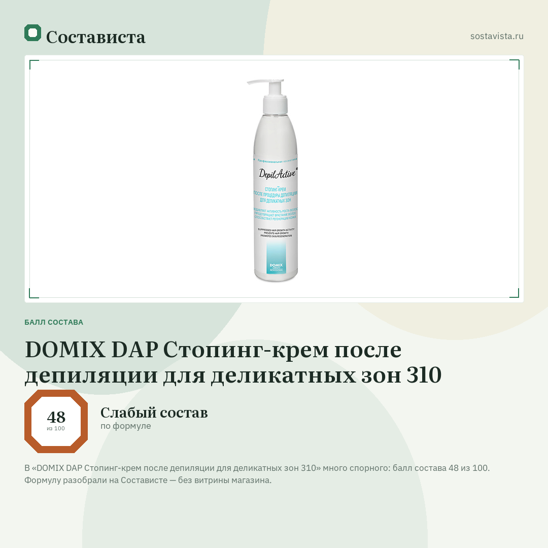 DOMIX DAP Стопинг-крем после депиляции для деликатных зон 310: балл состава 48 из 100 — Состависта