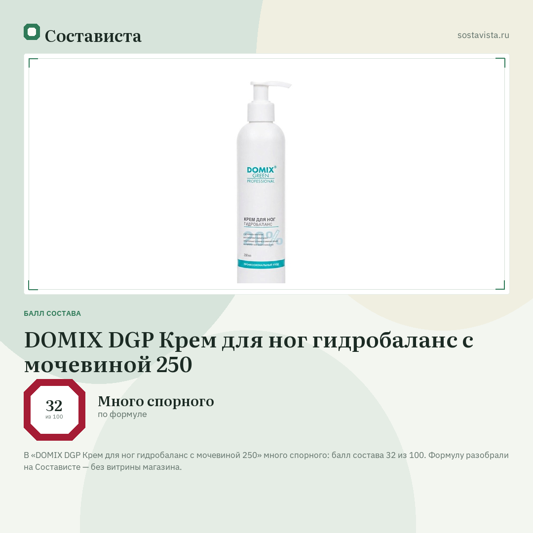 DOMIX DGP Крем для ног гидробаланс с мочевиной 250: балл состава 32 из 100 — Состависта