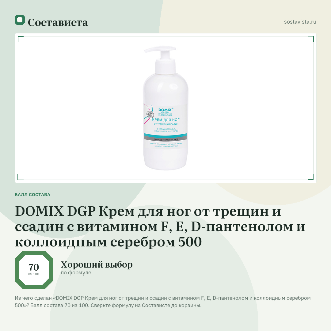 DOMIX DGP Крем для ног от трещин и ссадин с витамином F, E, D-пантенолом и коллоидным серебром 500: балл состава 70 из 100 — Состависта