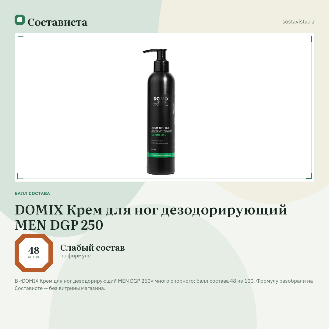 DOMIX Крем для ног дезодорирующий MEN DGP 250: балл состава 48 из 100 — Состависта