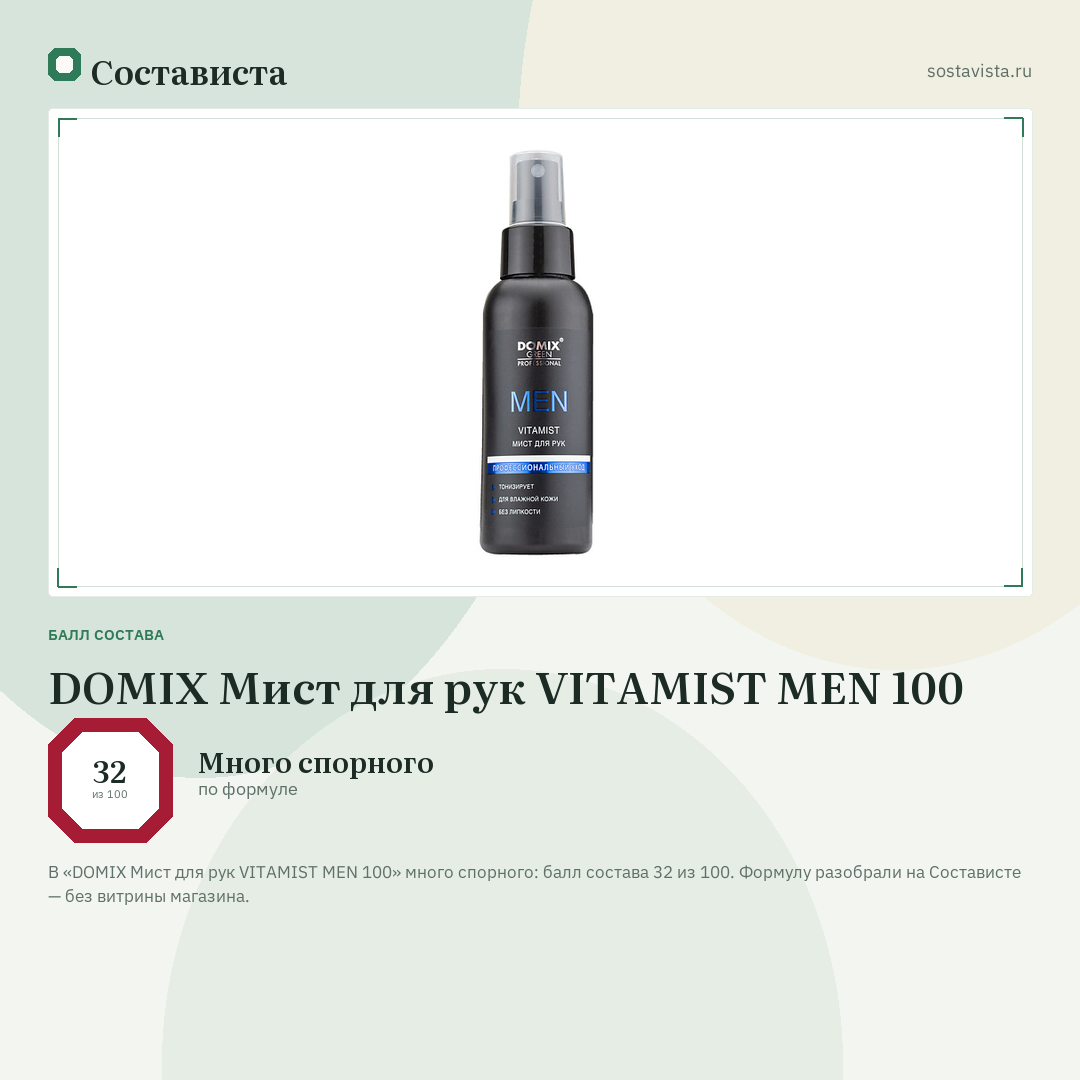 DOMIX Мист для рук VITAMIST MEN 100: балл состава 32 из 100 — Состависта