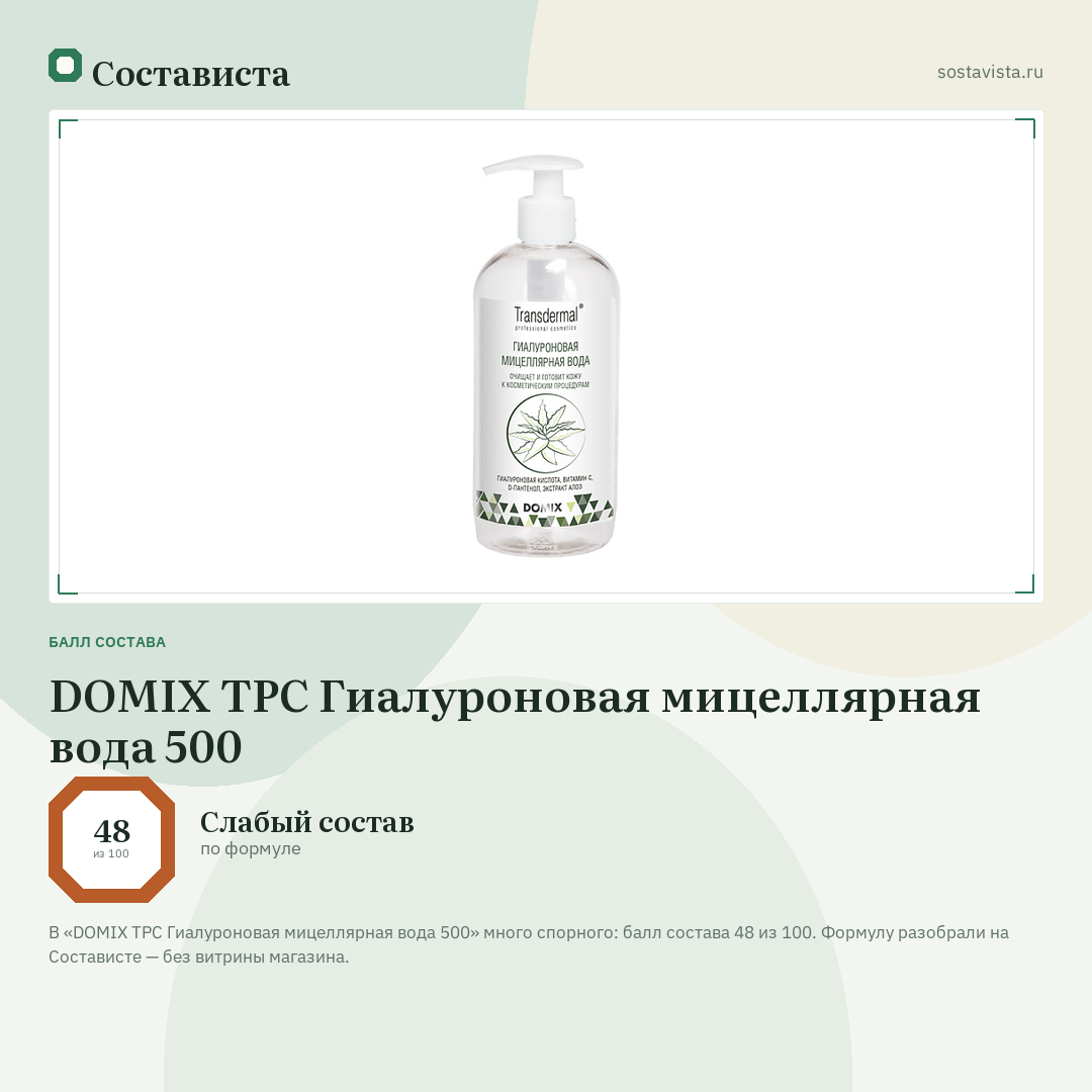 DOMIX TPC Гиалуроновая мицеллярная вода 500: балл состава 48 из 100 — Состависта