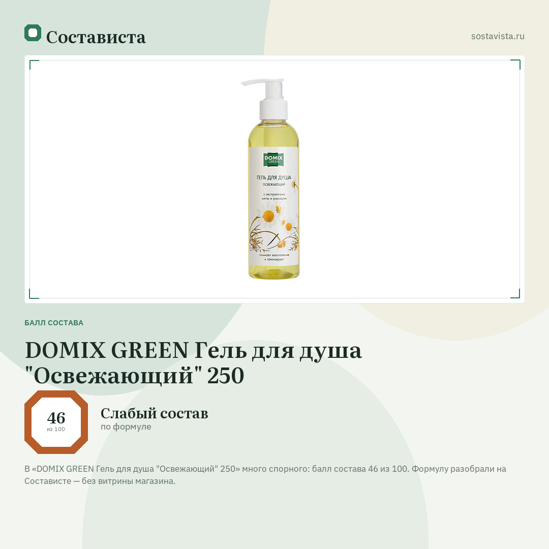DOMIX GREEN Гель для душа "Освежающий" 250: балл состава 46 из 100 — Состависта