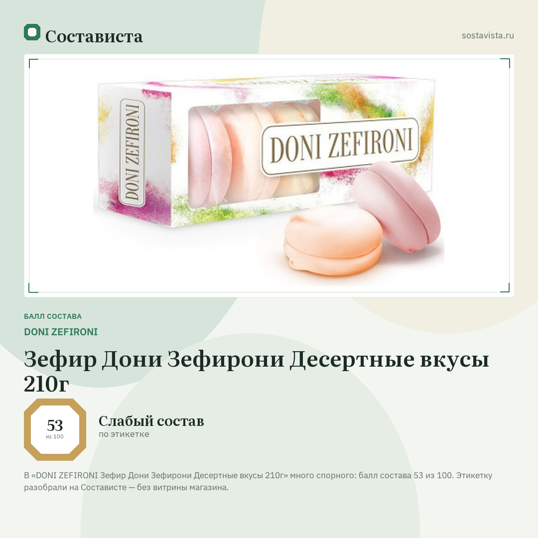 DONI ZEFIRONI Зефир Дони Зефирони Десертные вкусы 210г: балл состава 53 из 100 — Состависта