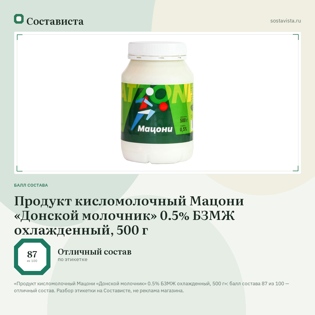 Продукт кисломолочный Мацони «Донской молочник» 0.5% БЗМЖ охлажденный, 500 г: балл состава 87 из 100 — Состависта