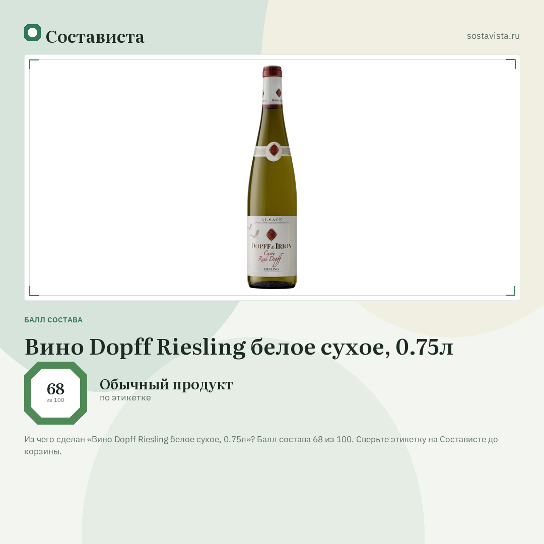 Вино Dopff Riesling белое сухое, 0.75л: балл состава 68 из 100 — Состависта