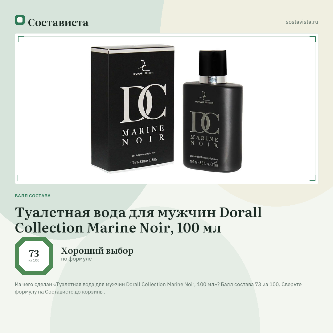 Туалетная вода для мужчин Dorall Collection Marine Noir, 100 мл: балл состава 73 из 100 — Состависта